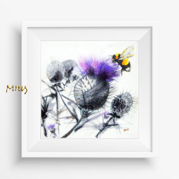 Scotland Silk Painting Summer Visitor Thistle and Bee Silk Painting Art Print