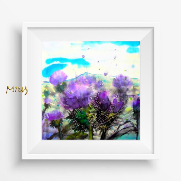 Scotland Silk Painting Thistle and Field Silk Painting Art Print