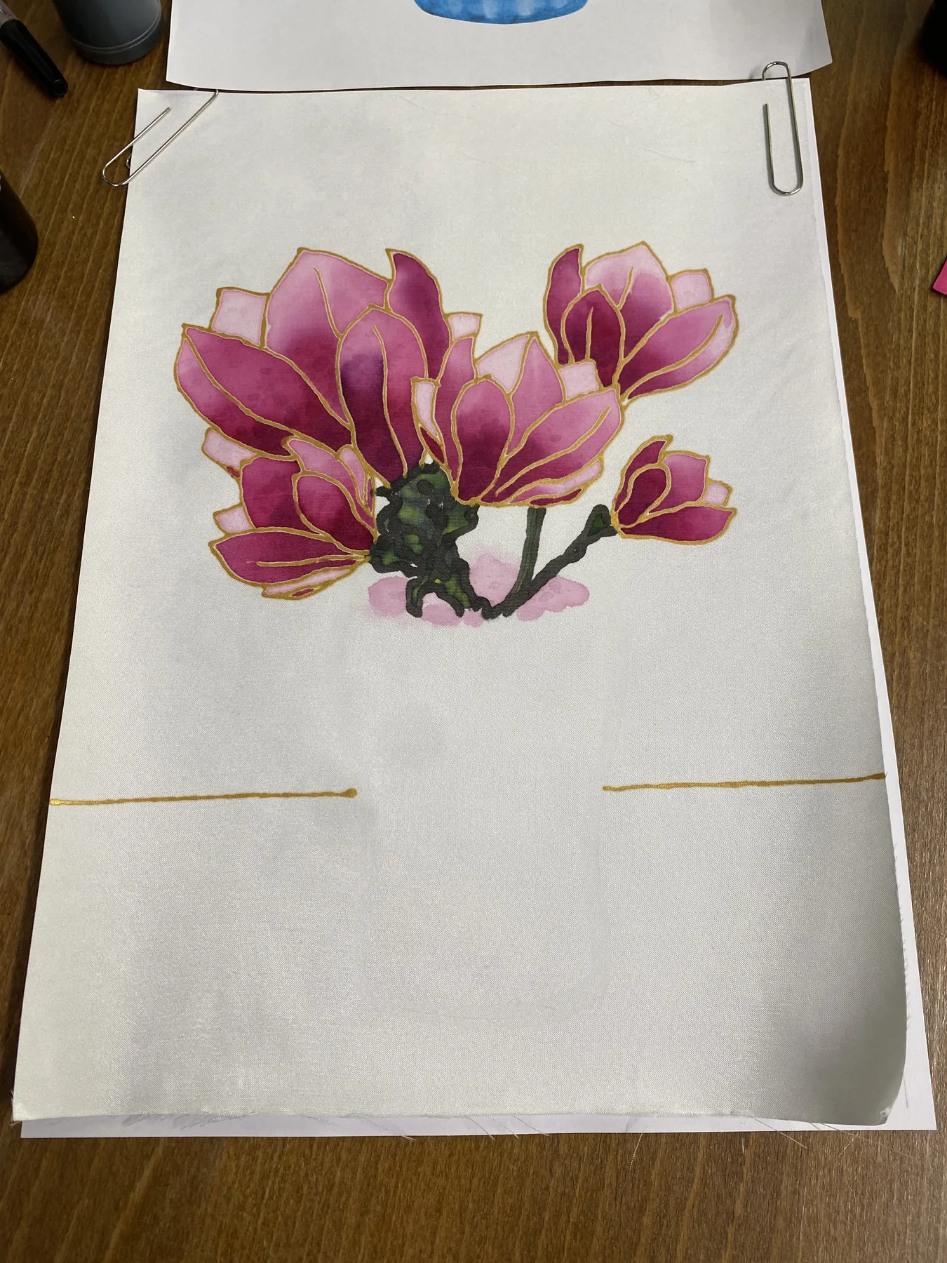 Beginner silk painting artwork in progress on a table
