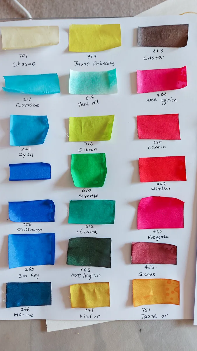 Colour palette used for guided silk painting sessions