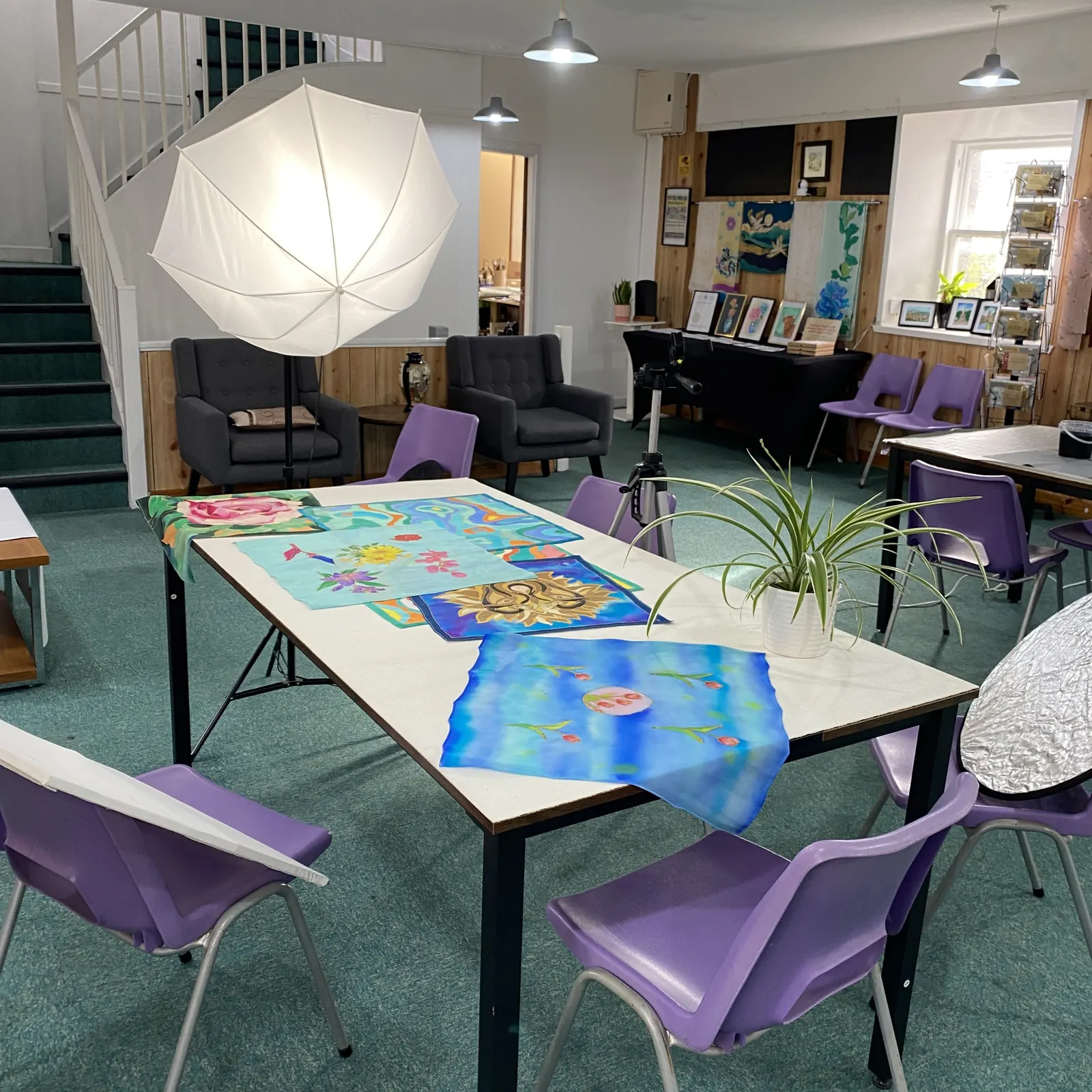 Studio silk painting setup at Huntly Silk Painting Studio