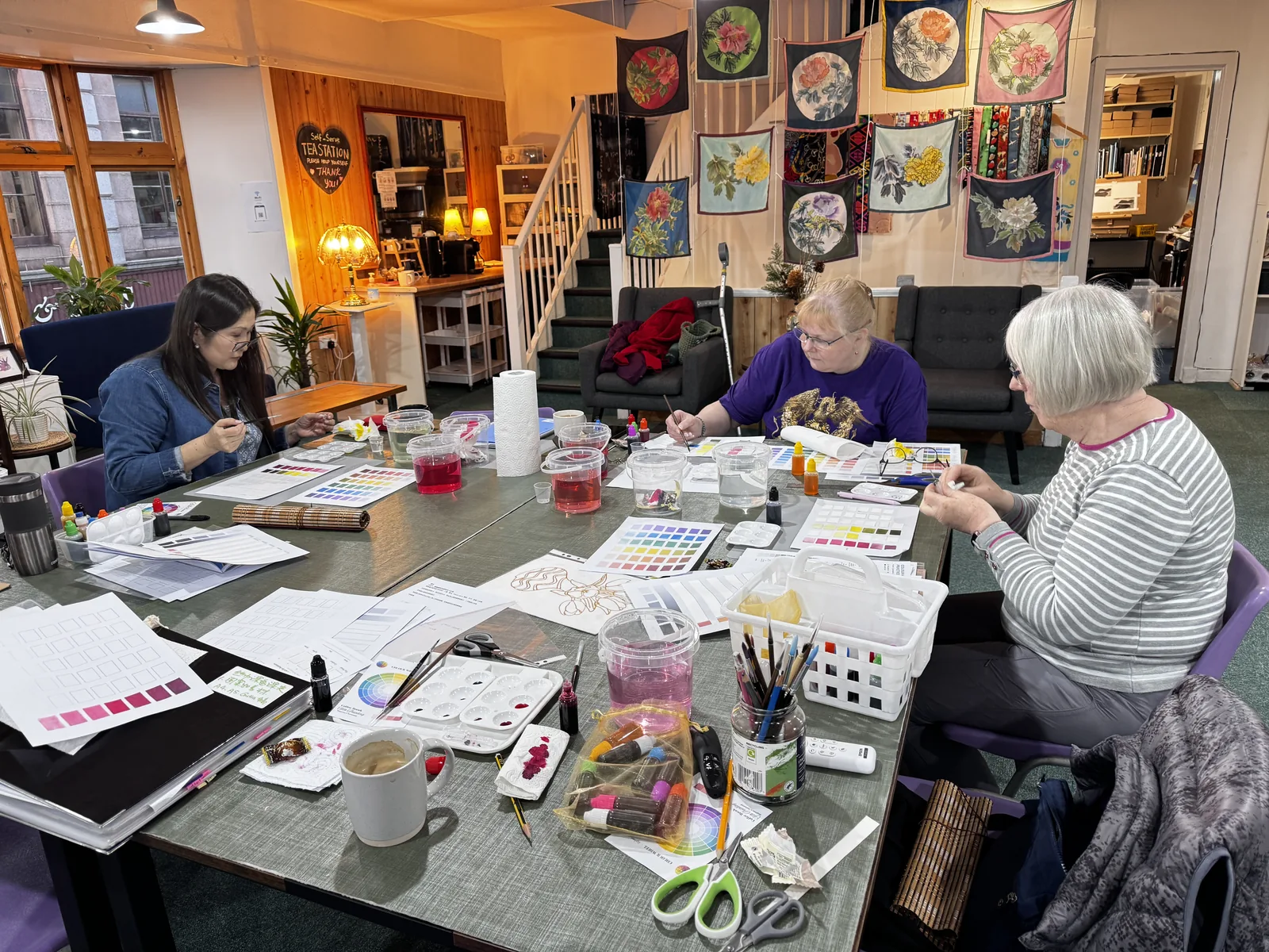 Studio silk painting setup prepared for private and small group sessions